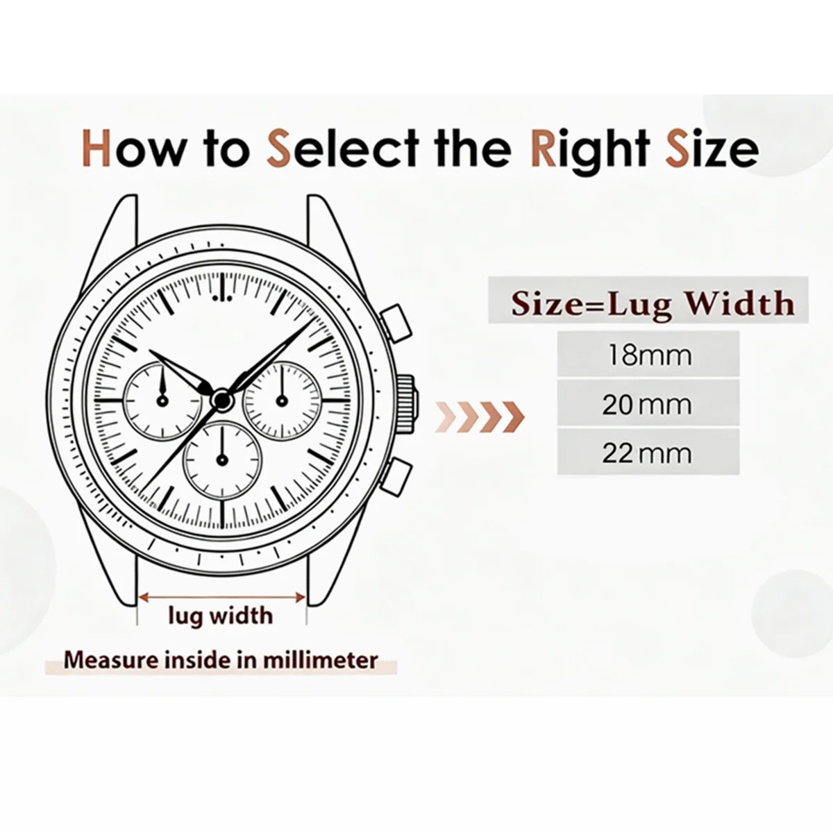 Diagram showing how to select the right size lug width for a watch band, with measurements in millimeters.