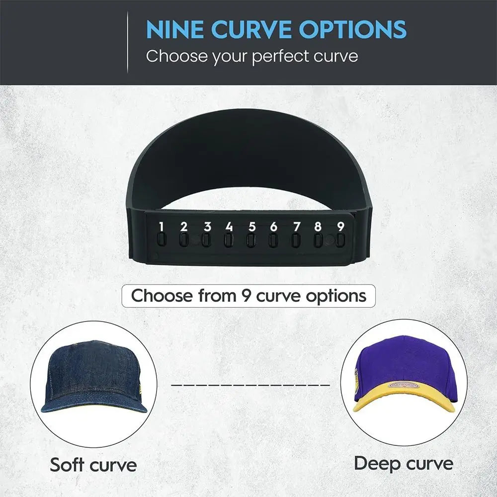A black reusable hat brim bender with numbered options and examples of soft and deep curves.