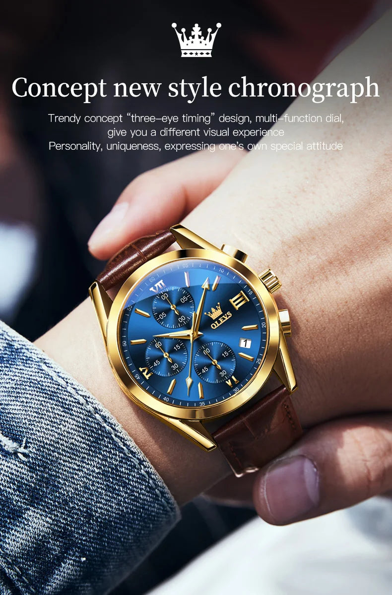 A close-up of a men's chronograph wristwatch with a gold-tone case and brown leather strap on a wrist.