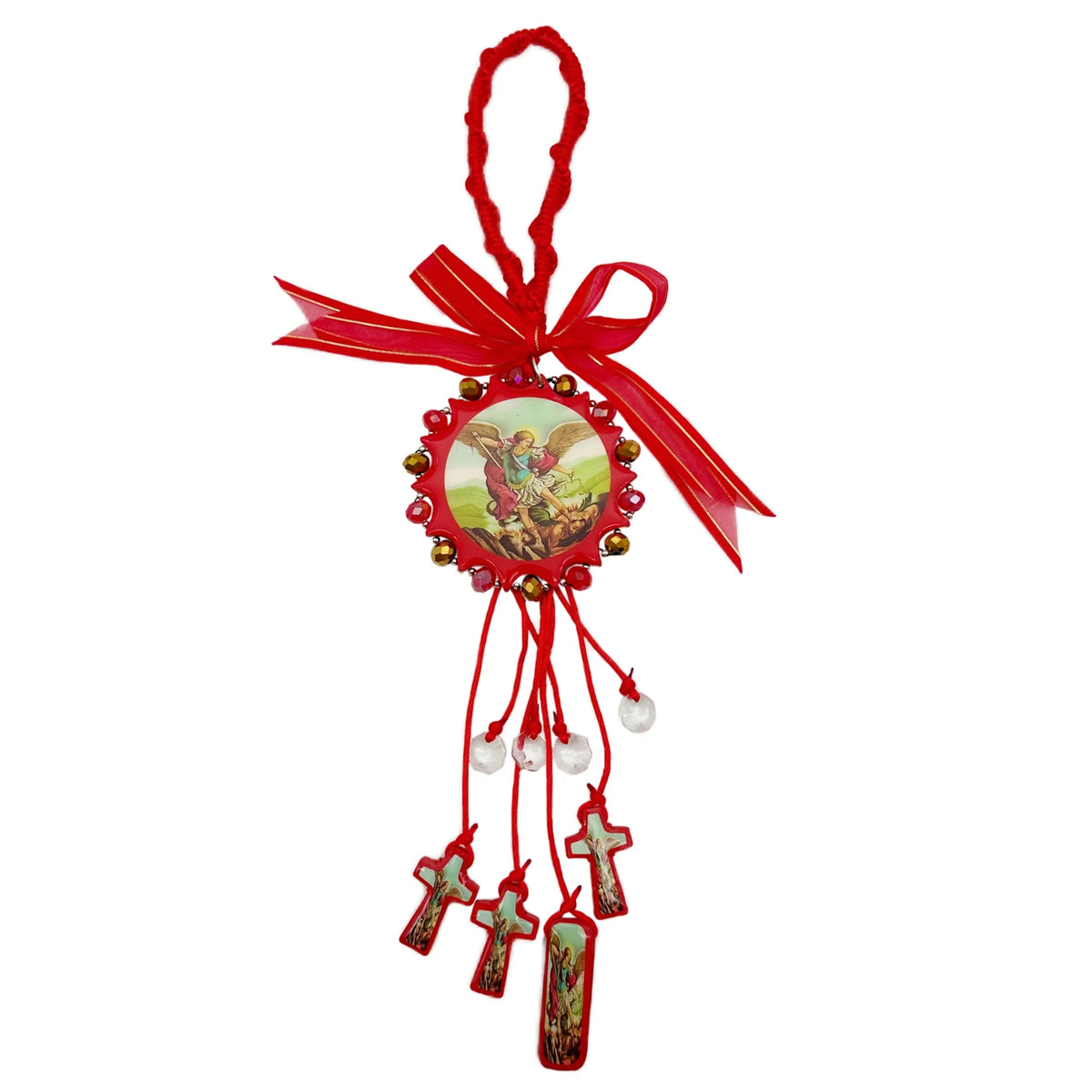A wooden cross pendant with a red ribbon and decorative elements.