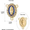 Front and back views of a gold-plated Virgin Mary centerpiece connector with a blue enamel detail