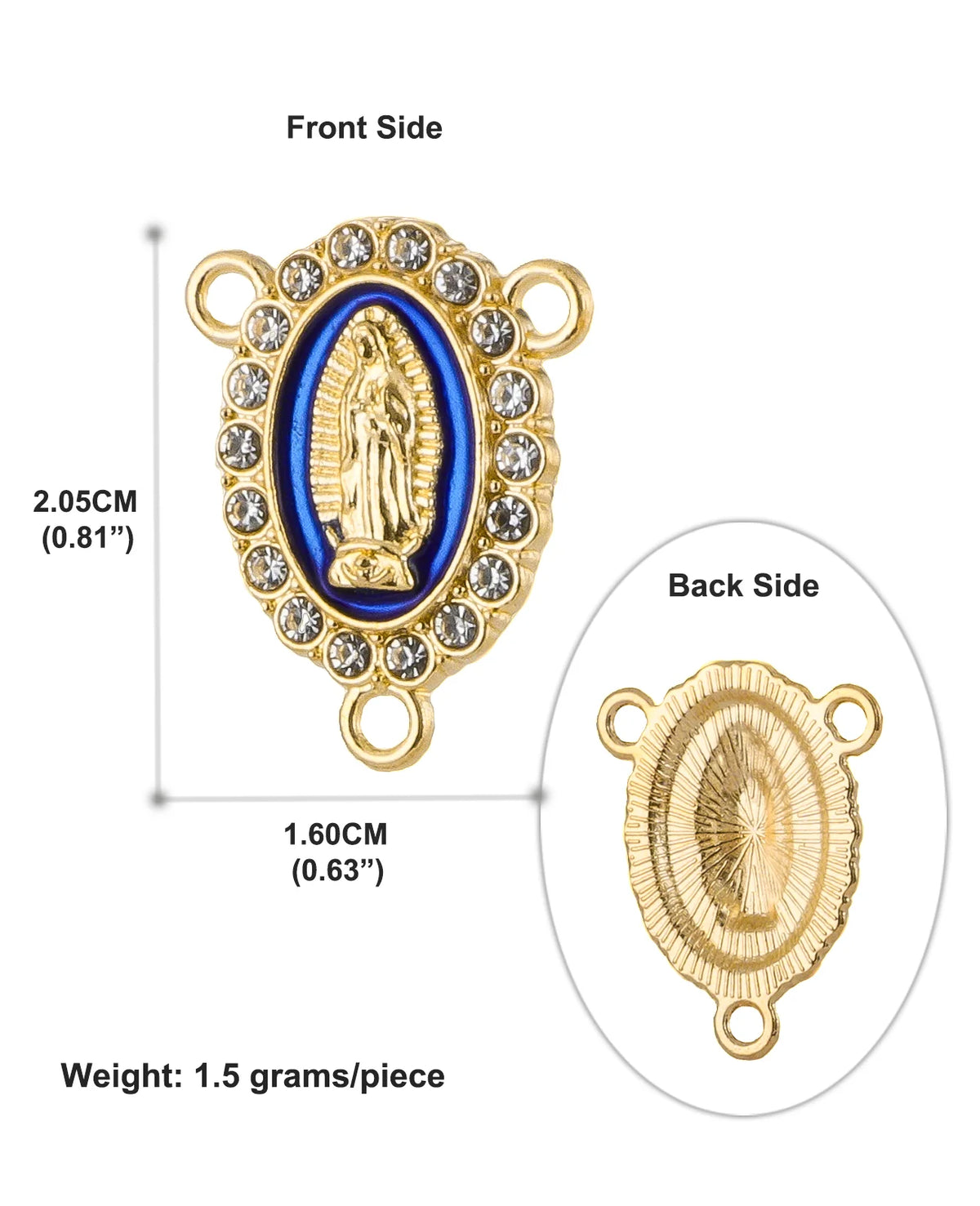 Front and back views of a gold-plated Virgin Mary centerpiece connector with a blue enamel detail