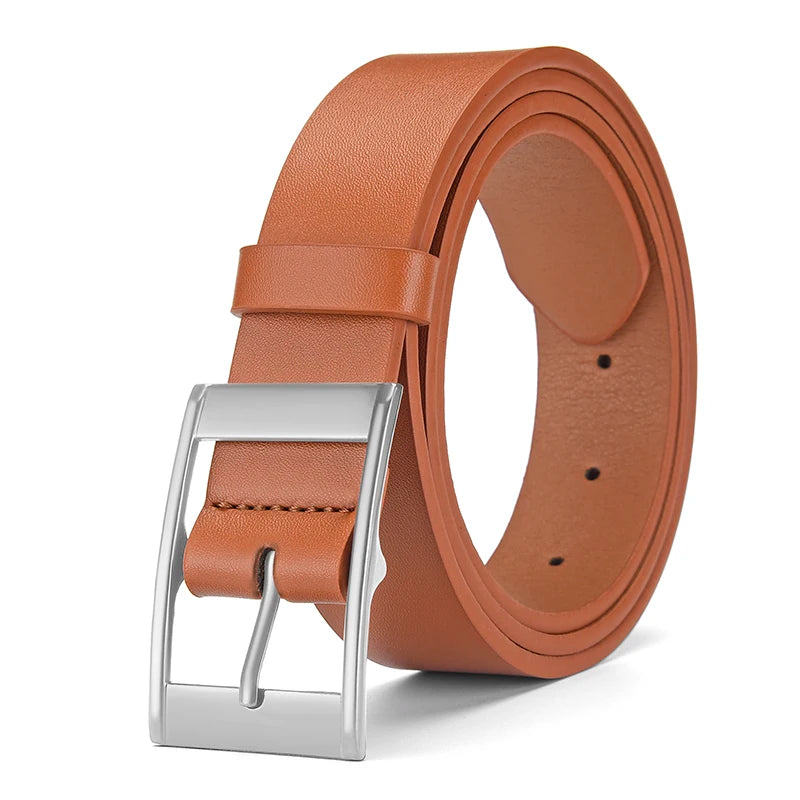 A brown leather belt with a silver metal pin buckle shown from the side.