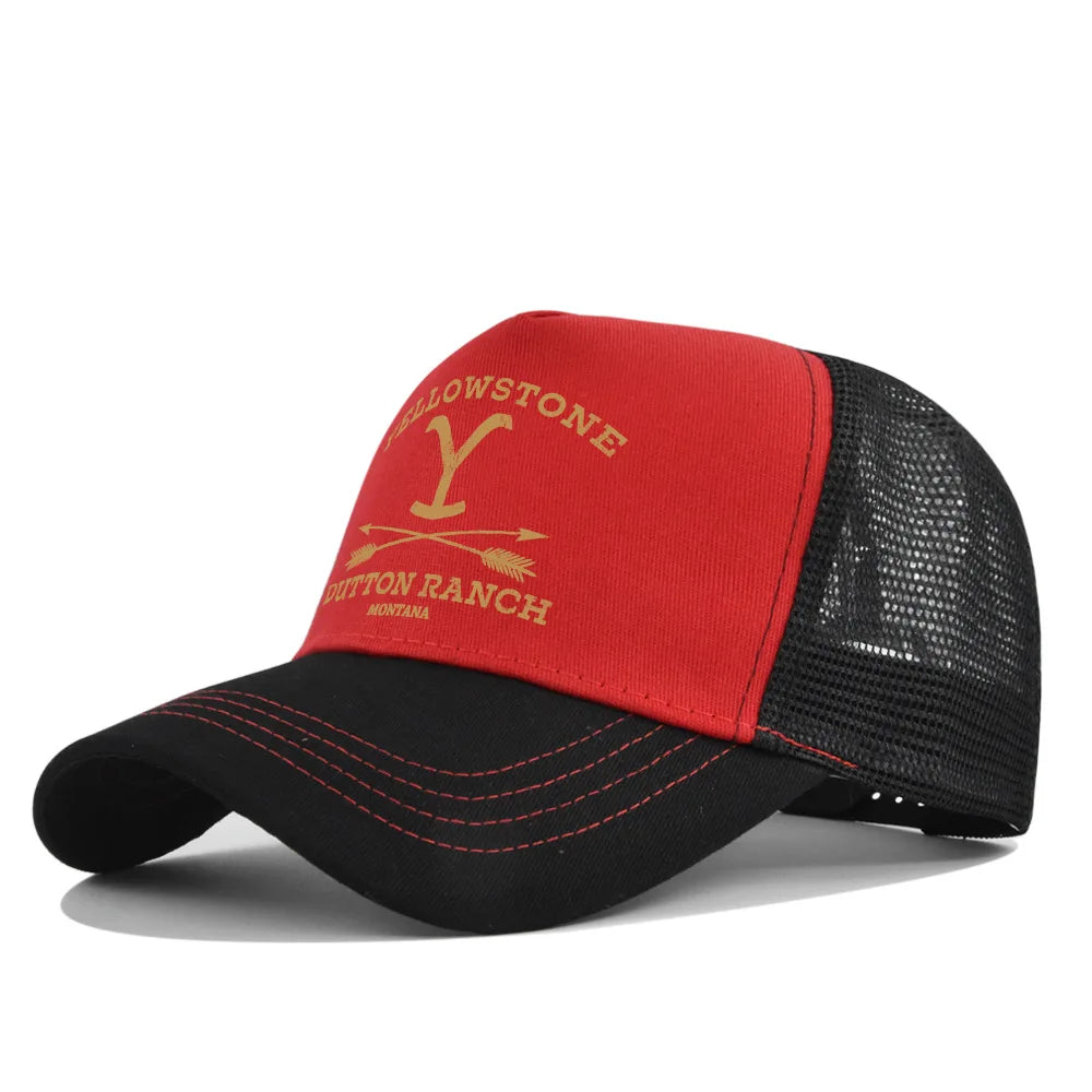 A red and black adjustable baseball cap featuring a yellow Y logo and the Dutton Ranch text.