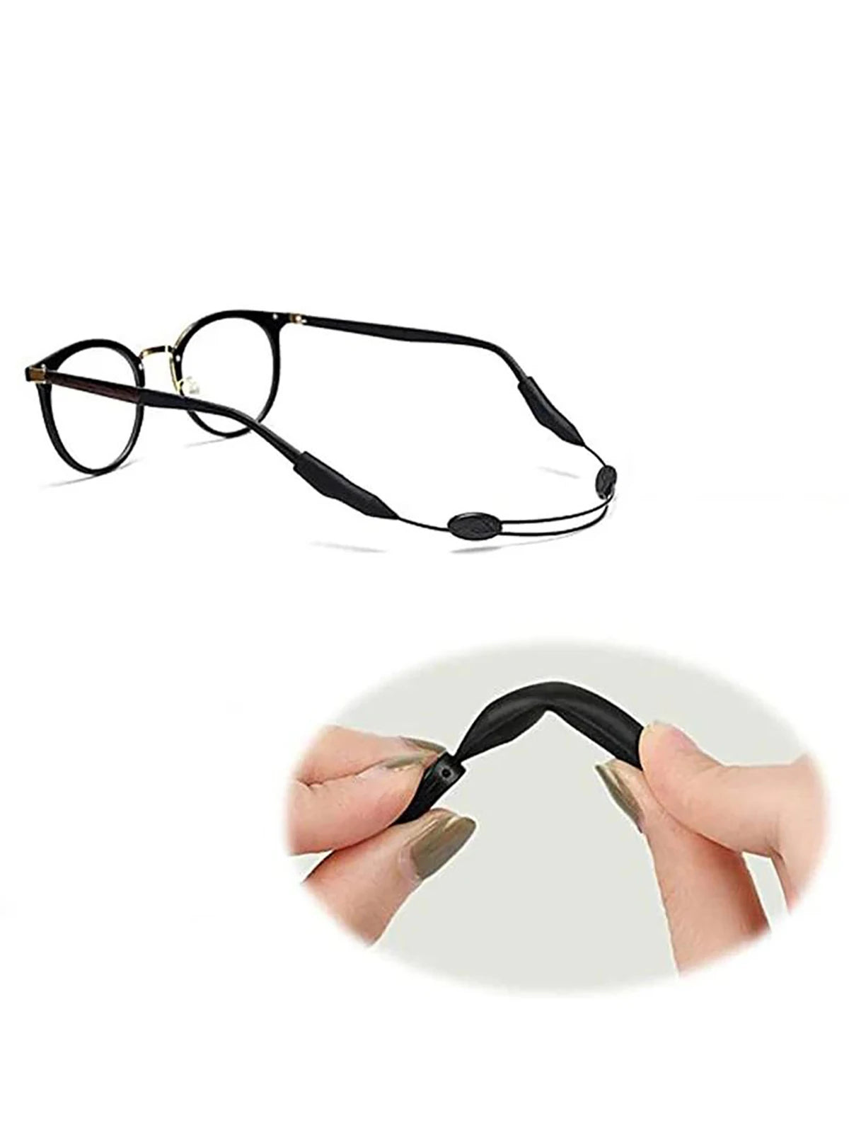 Black adjustable anti-slip eyeglass retainer strap being held by fingers