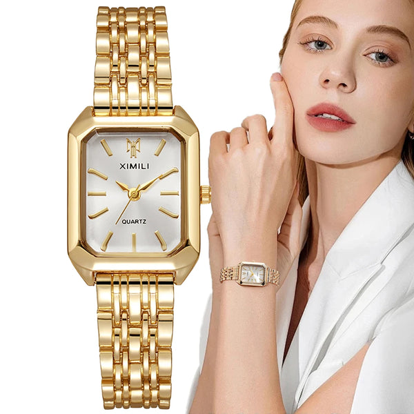 A woman wears an elegant gold plated quartz fashion watch on her wrist.
