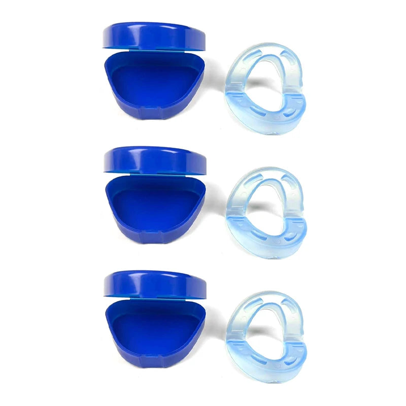 A set of double-layer dental braces for anti-snoring relief shown in blue and clear plastic components.
