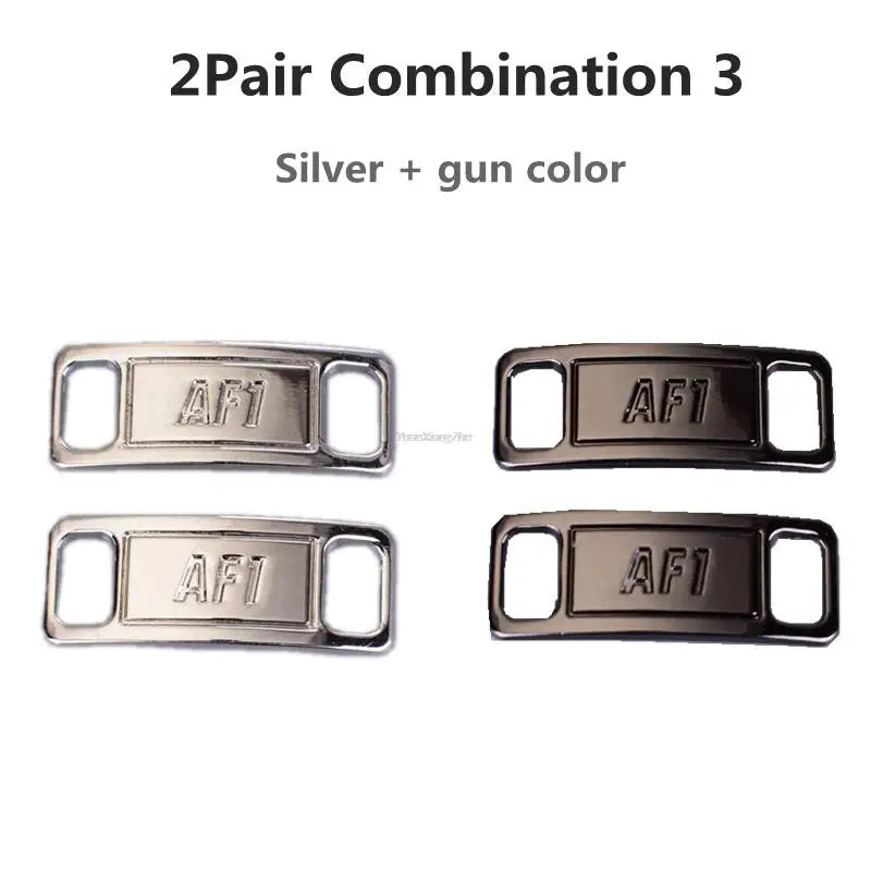 Two pairs of silver and gun color AF1 diamond shoe charms and laces