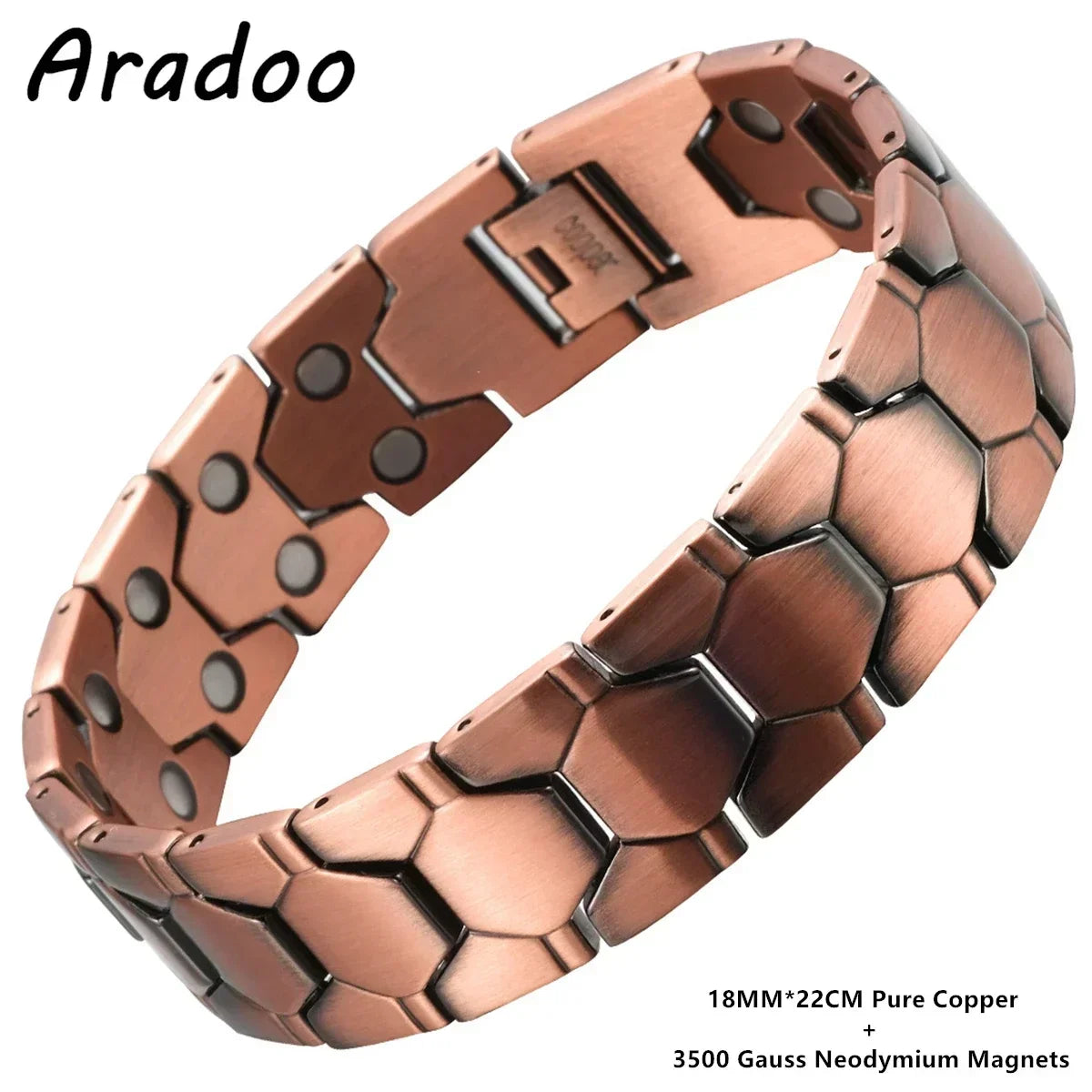 A copper magnetic bracelet with a textured surface and a rectangular clasp.