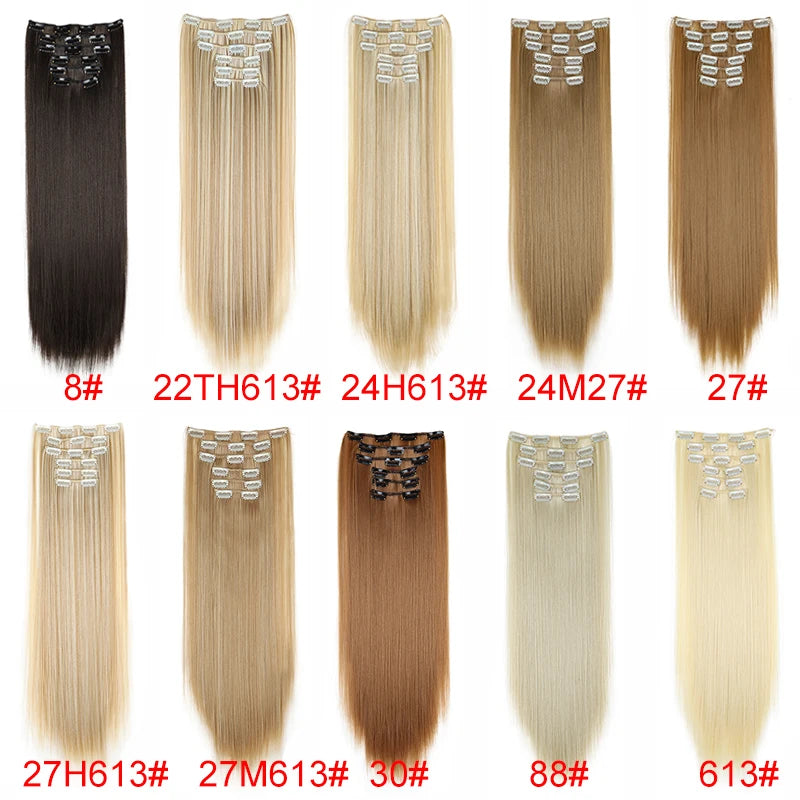 A collection of long straight hair extensions in various shades including black, blonde, and brown.