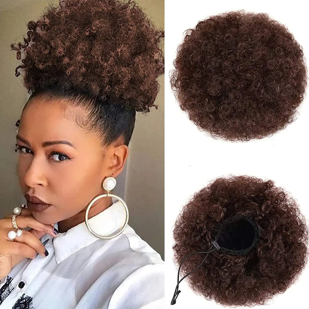 A woman shows off a dark brown kinky drawstring ponytail extension in both full and circular views.