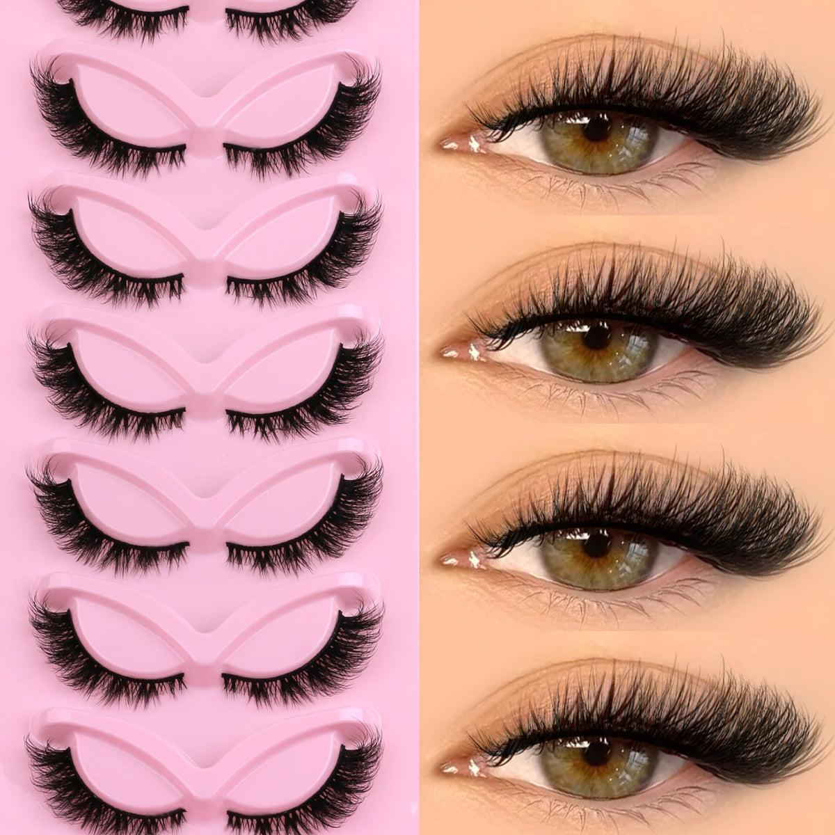 A close-up display of 3D faux mink cat eye eyelashes in various styles and lengths.