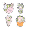 A set of enamel flower brooches featuring cute cat designs in various floral and leaf patterns.