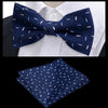 Navy blue patterned bow tie and matching accessory set displayed against a white shirt.