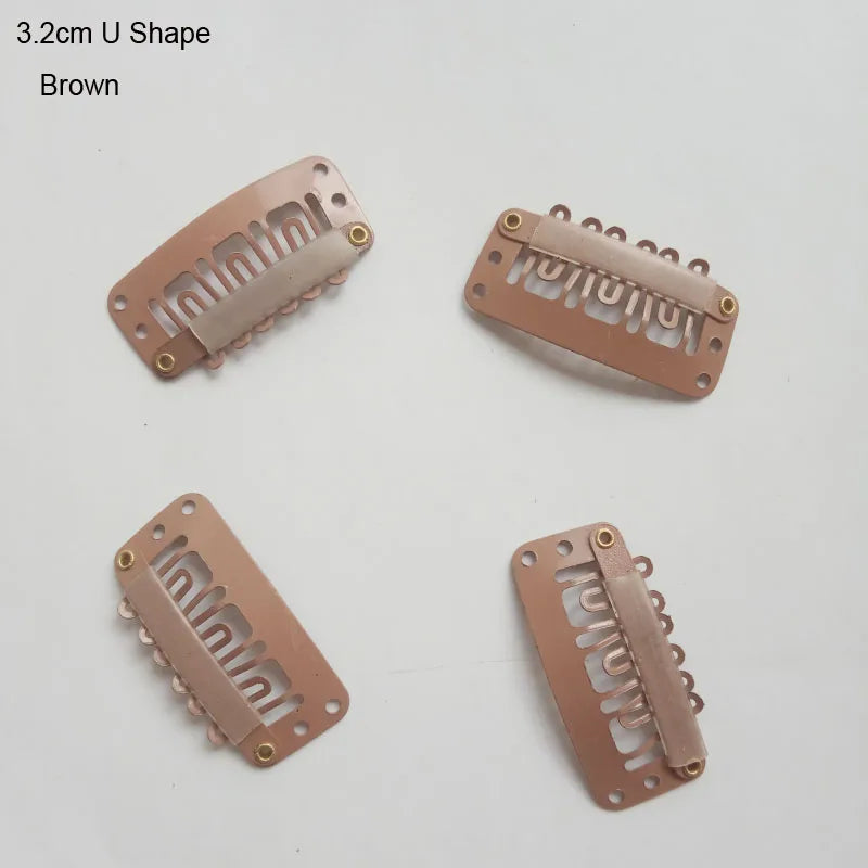 Brown 3.2cm U-shape precision hair extension clips set shown from various angles
