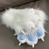 White faux furry gloves with light blue accents and pointed claws