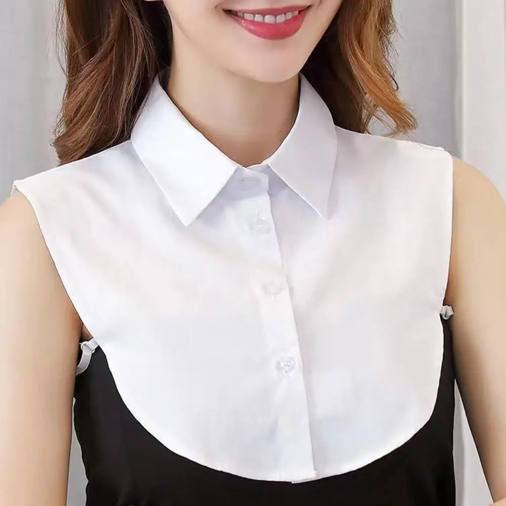 White detachable decorative collar for shirts and sweaters shown on a model's upper torso.