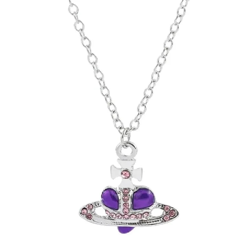 Silberkette mit Vintage-Saturn-Anhänger aus Violettstein und Diamantbesatz