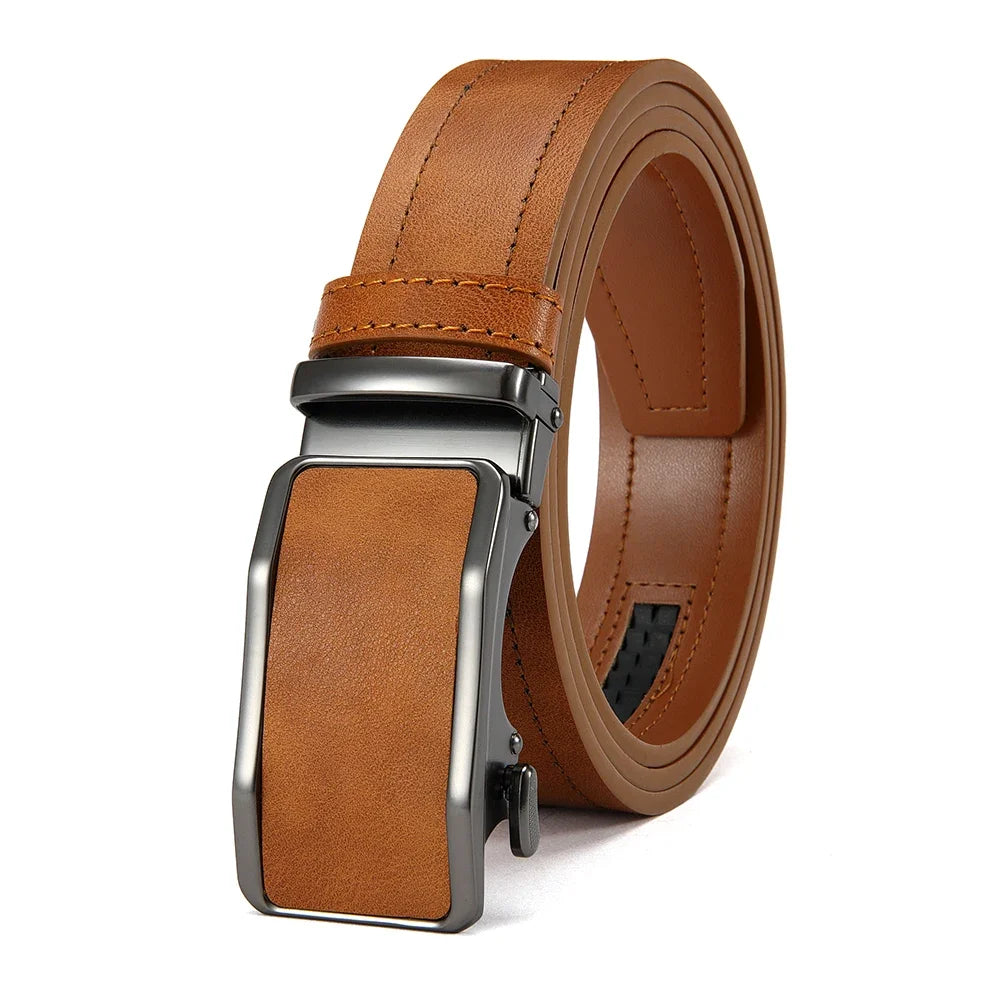 A brown leather belt with a silver automatic buckle shown from the side.