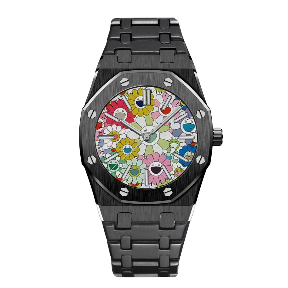 A black retro luminous quartz wristwatch with a textured metal band and a colorful, floral-themed dial.