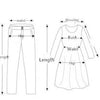 Diagram showing how to measure for clothing, including shoulder, bust, waist, hip, and length measurements.