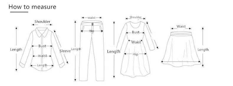 Diagram showing how to measure for clothing, including shoulder, bust, waist, hip, and length measurements.