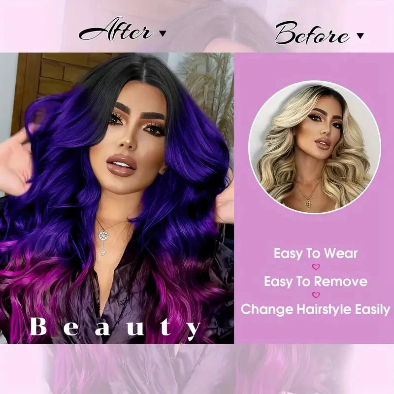 Vorher-Nachher-Vergleich einer lila Ombré Wellenperücke, die die Haarveränderung zeigt.