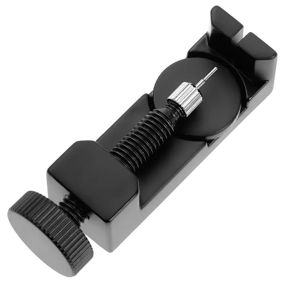 A black precision watch link pin remover tool set with a threaded shaft and a flat end.
