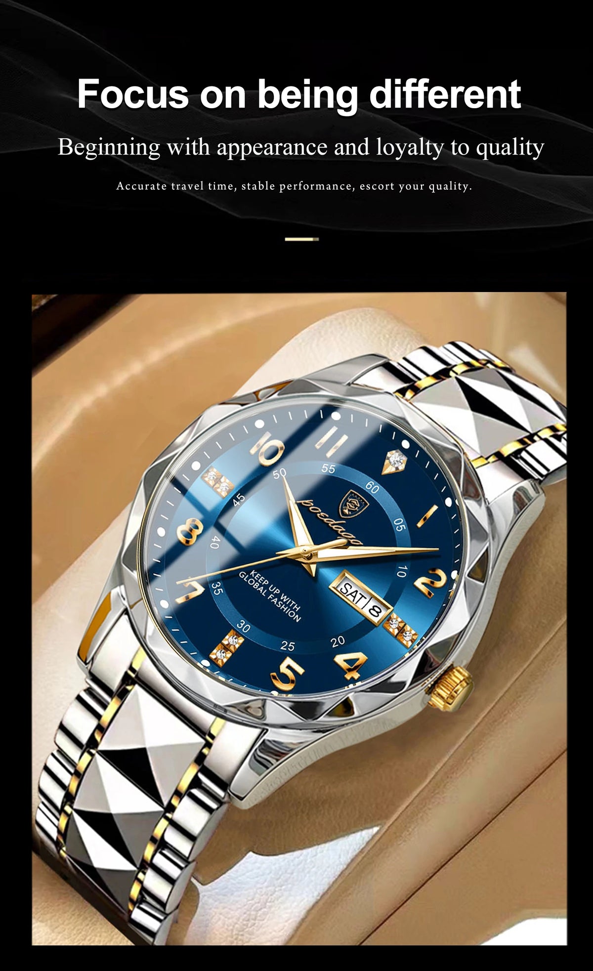 A close-up shot of a silver luxury men's quartz watch with a blue luminous dial and stainless steel bracelet.