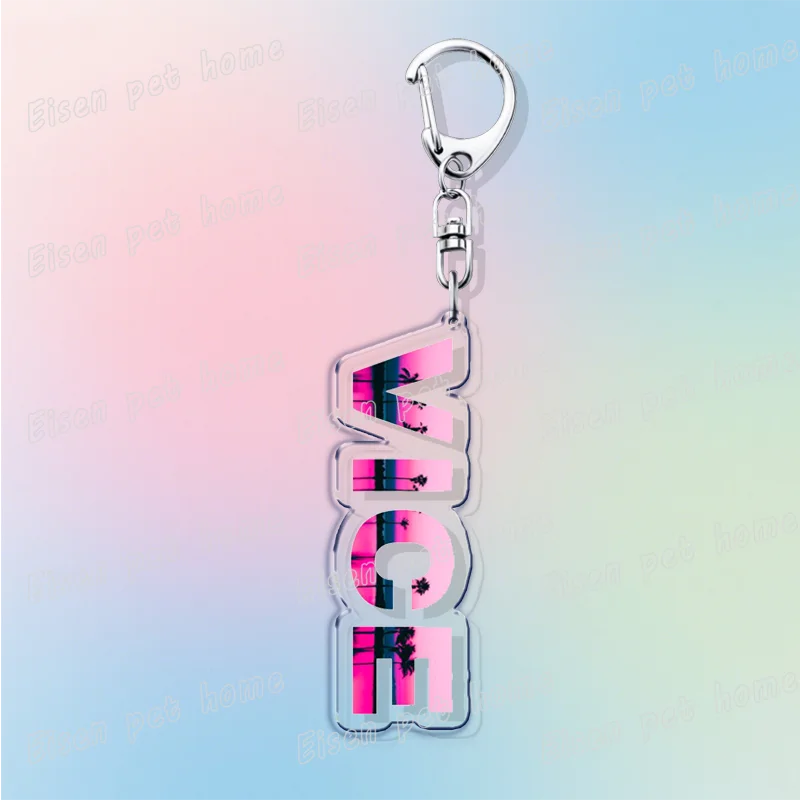 Silver keychain featuring the word VICE in a retro city style font