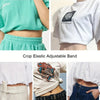 Close-up of a white crop top featuring a graphic design and elastic adjustable band detail.
