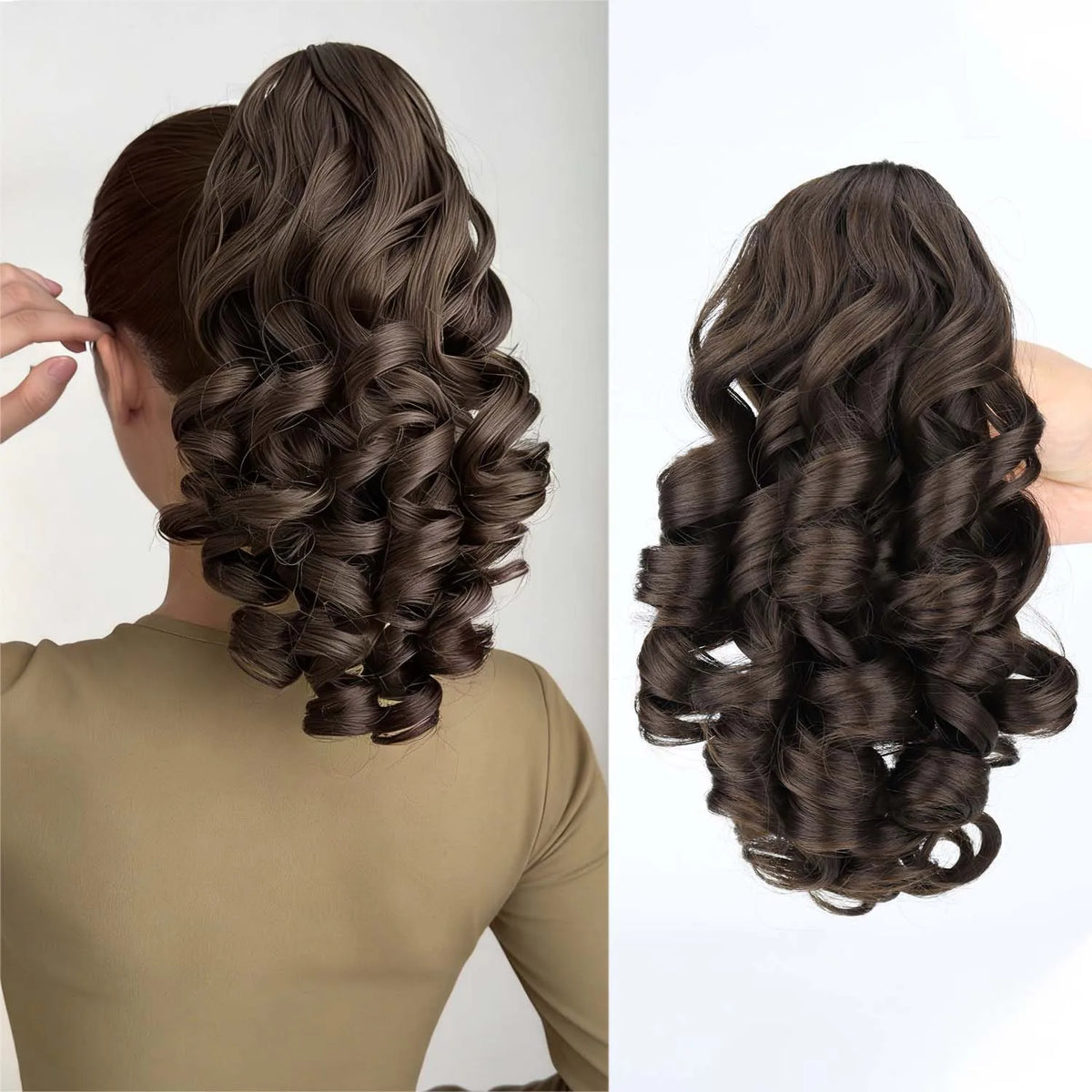 A close-up of a long, dark brown hair extension styled in a voluminous, curly, rolled ponytail.