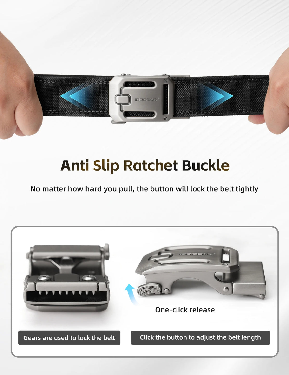 Gros plan d'une boucle à cliquet anti-dérapante sur une ceinture tactique noire pour le port EDC et CCW