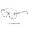 Un par de gafas de lectura con montura de color ahumado y lentes transparentes.