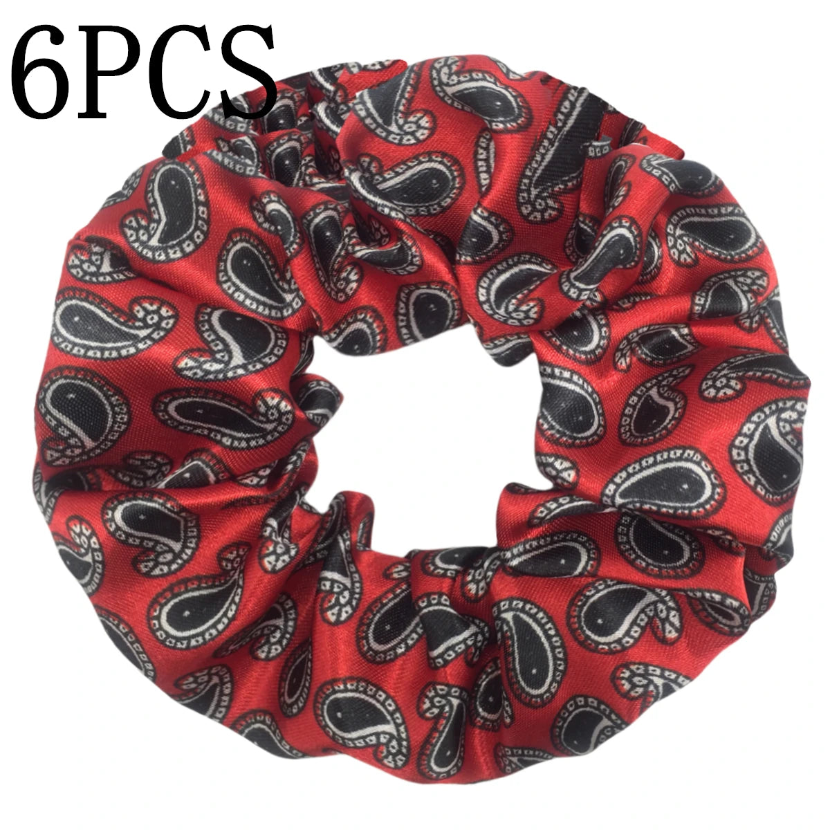 Un set de seis gomas de tela de satén rojo con estampado floral negro