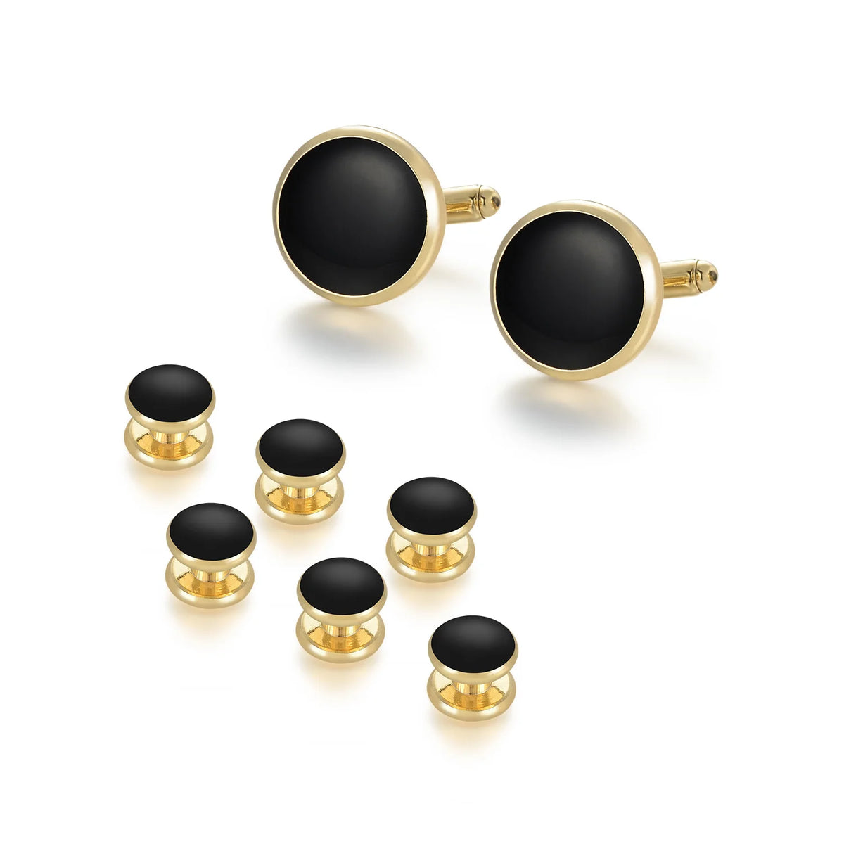 Un jeu de boutons de manchette et de serre-cravates élégants pour homme avec des pierres d'onyx noir rondes et du métal doré.