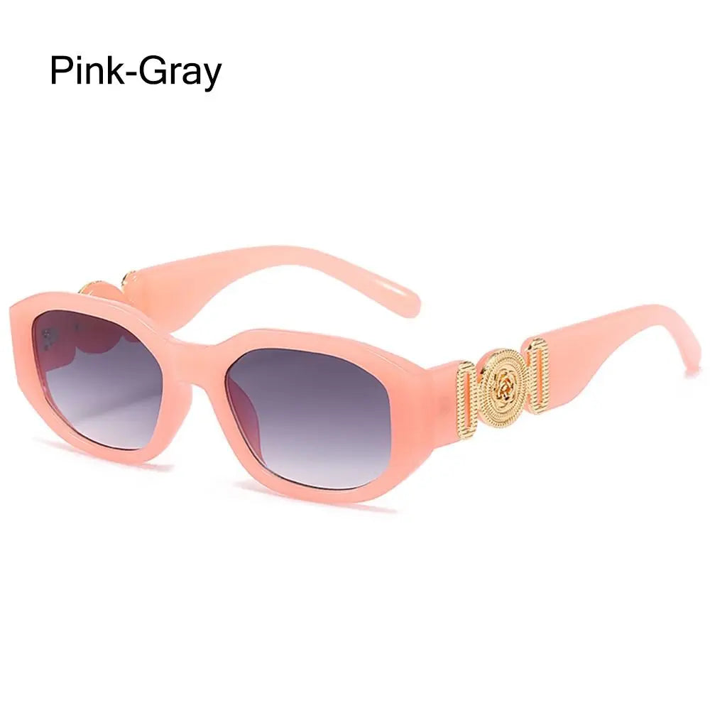 Pink-gray Y2K rose metal detail sunglasses with a gold chain accent