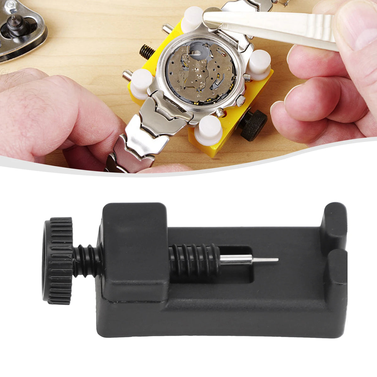 A black tool used for removing watch band link pins, featuring a threaded shaft and a clamping mechanism.