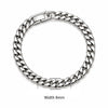 A silver stainless steel Cuban link bracelet shown flat against a white background.