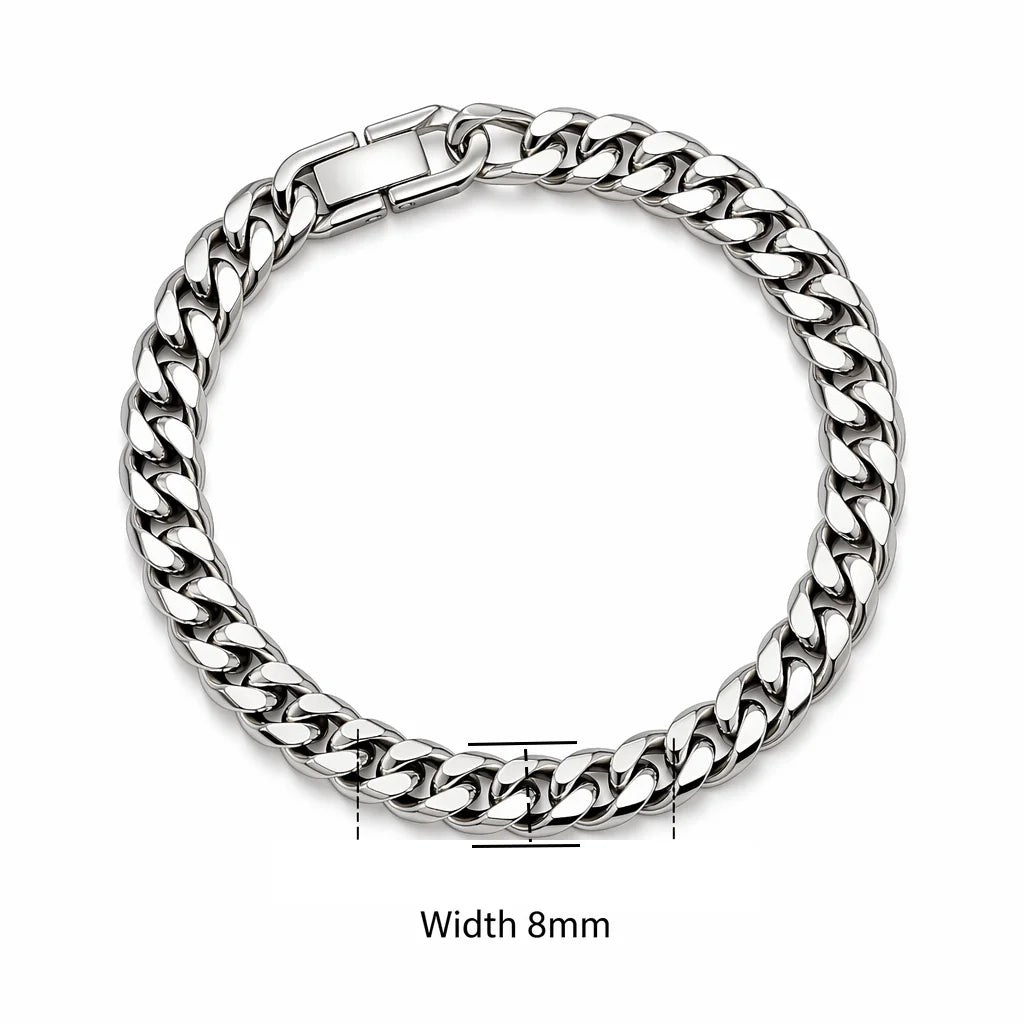 A silver stainless steel Cuban link bracelet shown flat against a white background.