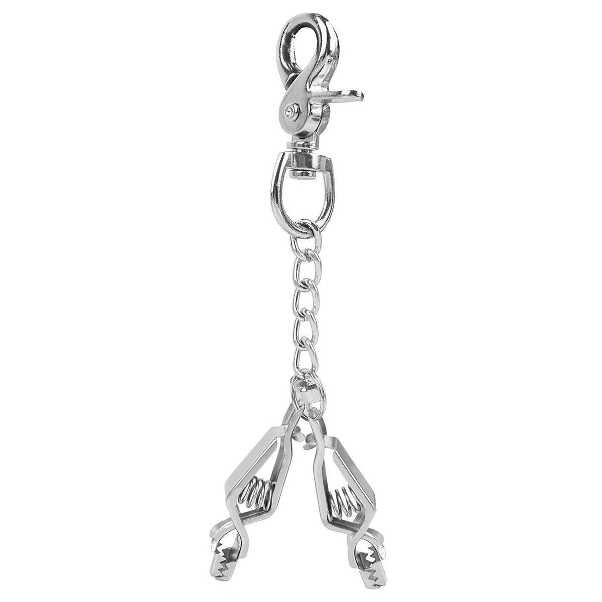 A silver metal glove clip holder chain with a clasp and decorative end pieces.