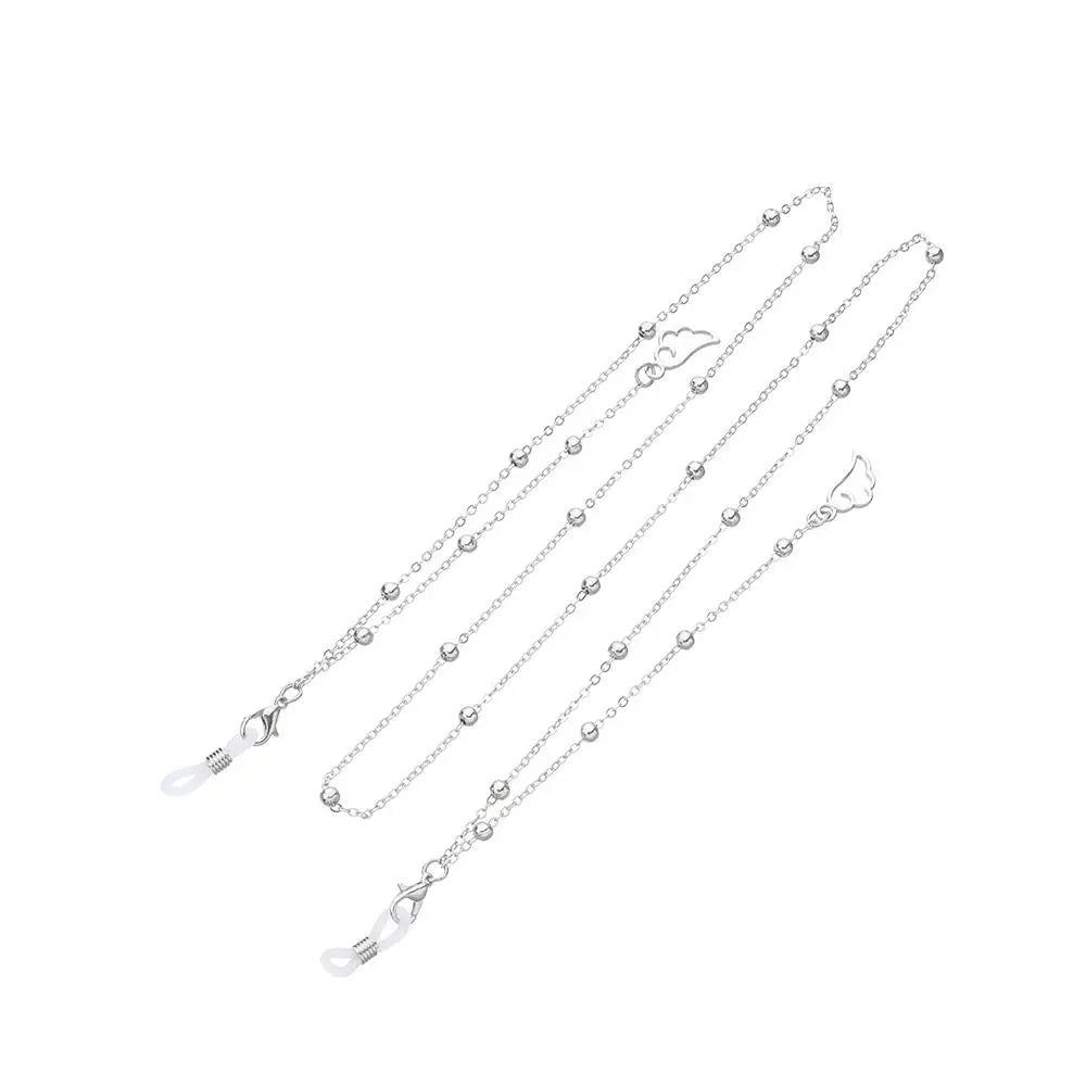 A silver hollow star pearl lanyard and chain for eyeglasses.