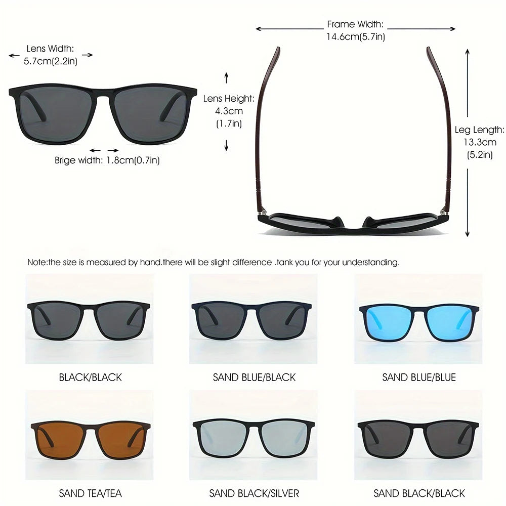 A collection of vintage square polarized cycling sunglasses in various colors including black, sand blue, and sand tea.