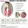 Lange gewellte blonde pinke Perücke auf einem Mannequin mit Produktinformationen und Haarstrukturbeispielen.