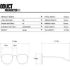 Especificaciones técnicas y diagramas de unas gafas de sol, detallando dimensiones como el ancho de la lente, material de la 