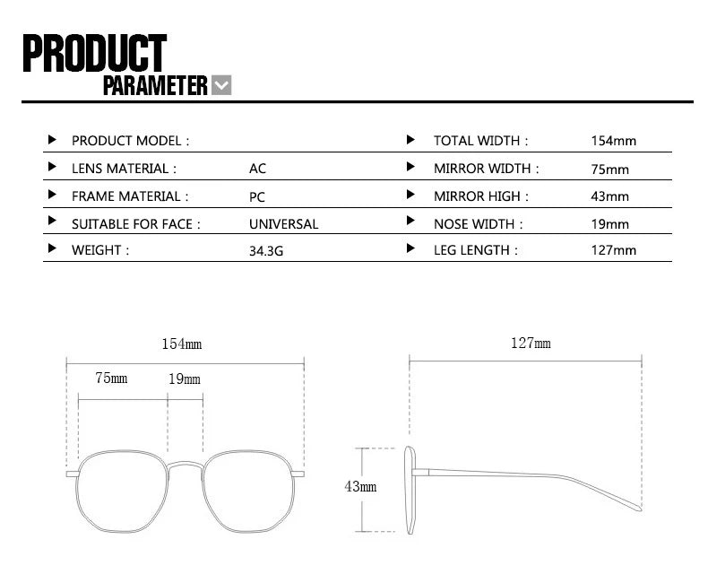 Especificaciones técnicas y diagramas de unas gafas de sol, detallando dimensiones como el ancho de la lente, material de la 