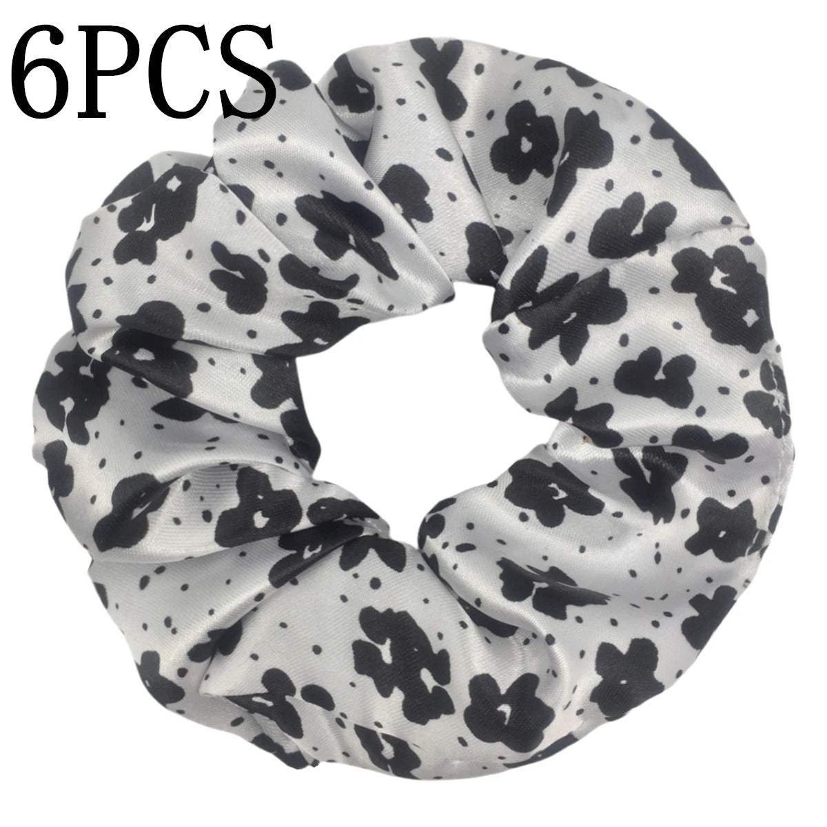 Seis gomas de tela con estampado floral de satén para el pelo en estampado leopardo blanco y negro