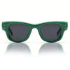 A pair of emerald green square sunglasses with dark lenses shown against a white background.