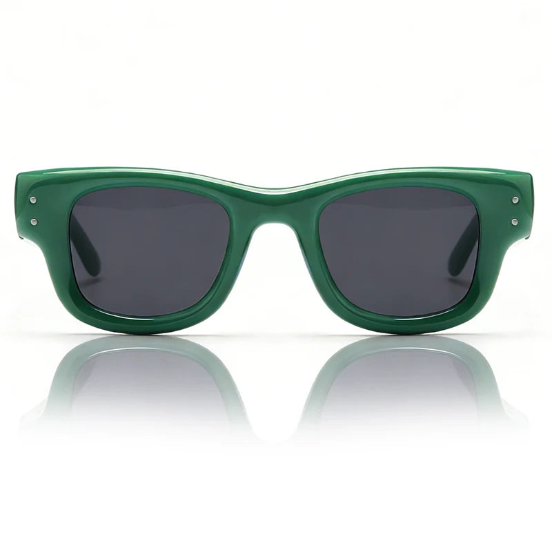 A pair of emerald green square sunglasses with dark lenses shown against a white background.