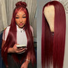 A close-up of a long, straight, reddish-burgundy wig with a blonde lace front wig cap.